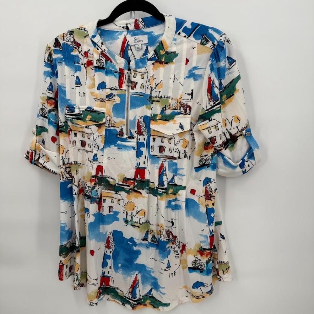 Kim Rogers Ladies Size Small Short Sleeve Blouse Sailboat Lighthouse Beach Vacay